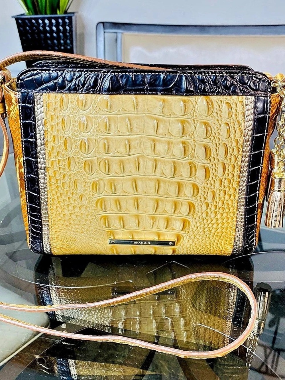 Brahmin Brunswick Hillary Crossbody Bag Yellow Black Croc Embossed Leather